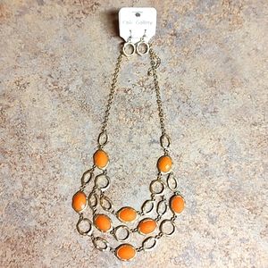 🐾 2 For $16 Brushed Gold & Orange Lucite Gem Layered Necklace & Earring Set